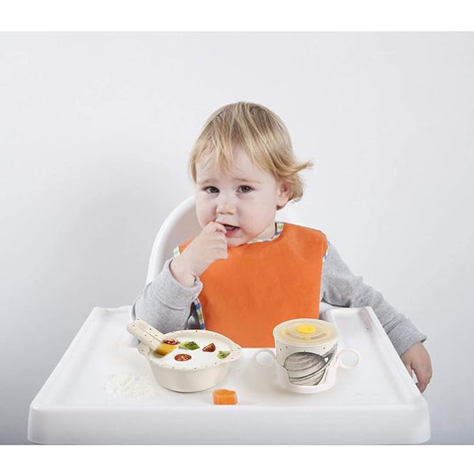 shopwithgreen 7Pcs/Set Bamboo Kids Dinnerware Set - Children Dishes - Food Plate Bowl Cup Spoon Fork Set Dishware, Cartoon Tableware, Dishwasher Safe Kids Healthy Mealtime, BPA Free