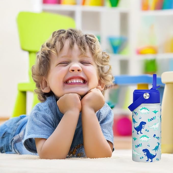 SANDJEST Kid Water Bottle 12oz with Straw Lid - 2-Pack Insulated Stainless Steel Water Bottles for Kids Girls - Travel Cup for School Sports, Construction & Dinosaur