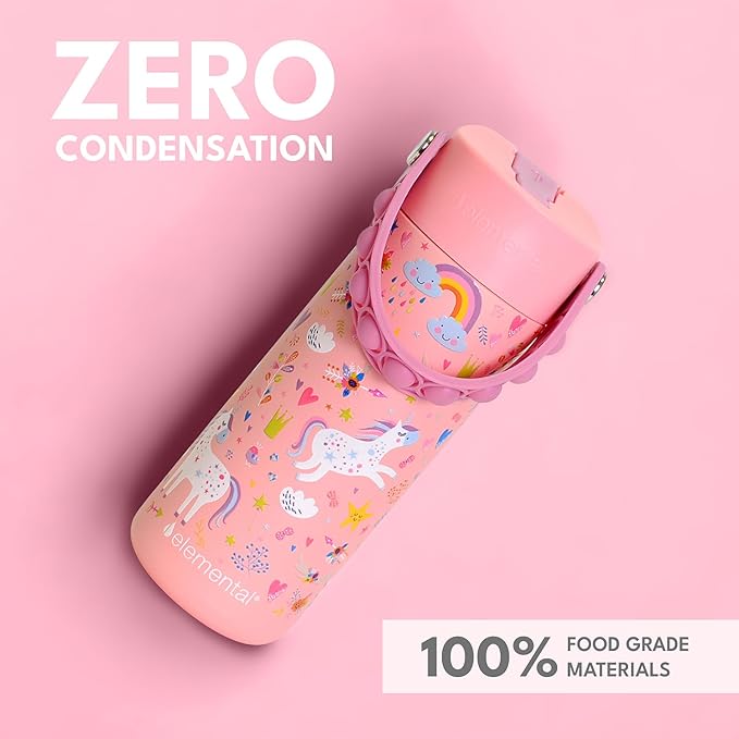 Elemental Insulated Kids Water Bottle, Stainless Steel Water Bottle with Straw Lid & Pop-It Handle, Leak-Proof Water Bottles for School, Boys or Girls, Travelling and Sports, 18oz - Pink Unicorn