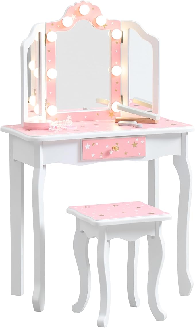 Kids Vanity Set, Princess Toddler Makeup Vanity with Mirror and 3-Color LED Lighted, Wooden Kids Vanity Table and Chair Set with Drawer for Little Girls