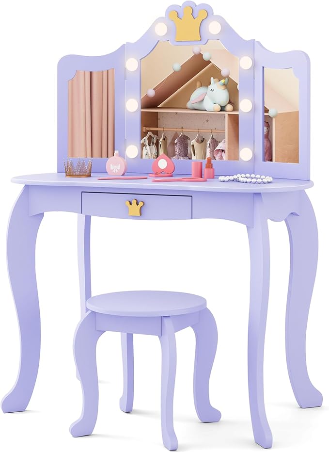 Costzon Kids Vanity with Lights, Girls Vanity Set with Mirror and Stool, Drawer, 2 in 1 Princess Makeup Desk Dressing Table, Kids Vanity Table and Chair Set, Violet