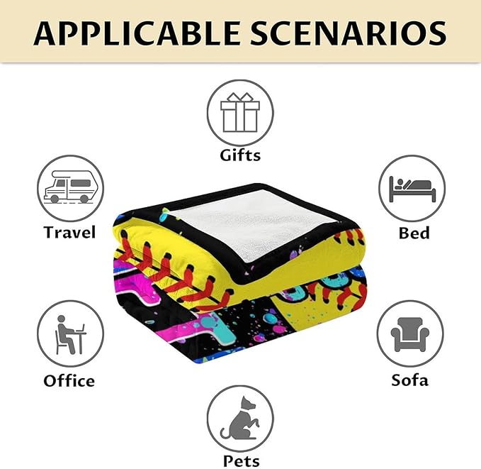 Softball Throw Blanket for Teens - 50x60 Inches Plush Softball Blankets for Girls - Black Warm Soft Throws for Sofa, Bed & Travel