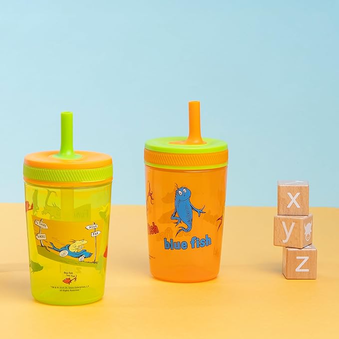 Zak Designs Dr. Seuss Kelso Toddler Cups For Travel or At Home, 15oz 2-Pack Durable Plastic Sippy Cups With Leak-Proof Design is Perfect for Kids (One Fish, Two Fish, Red Fish, Blue Fish)