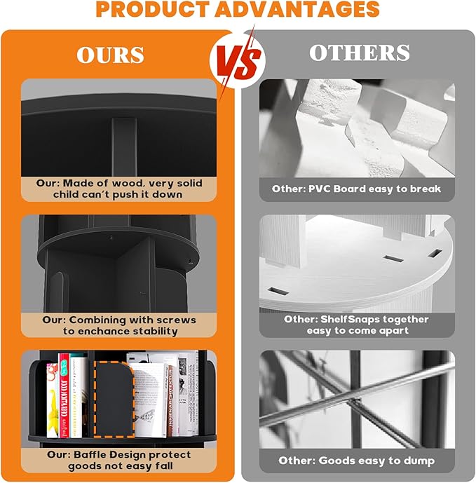 Rotating Bookshelf Tower, 5 Tier Spinning Bookcase, Revolving 360 Book Shelf Narrow Tall Bookcase, Vertical Turning Round Bookshelf Organizer, Wood Corner Book Shelf for Small Space, Black