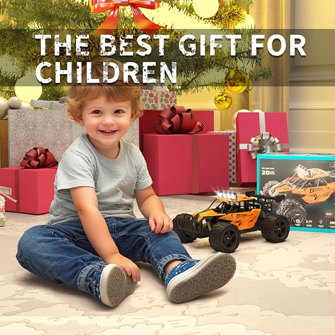 Remote Control Car Monster Truck Toys 1:16 Scale RC Car For Boys 2.4GHz High Speed 20 km/h With LED Headlights,Rechargeable RC Cars Gifts for Boys 4-7 8-12 Christmas, Beginner, Kids 6-12+(Orange)