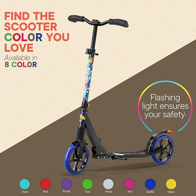 Kick Scooter for Ages 6+, for Kids, Teens, and Adults, Max Load 240 LBS, Foldable, 8-inch Big Wheels for Kids and Adults, with Kickstand, 3 Adjustable Levels, Child Safety Approved, Graffiti