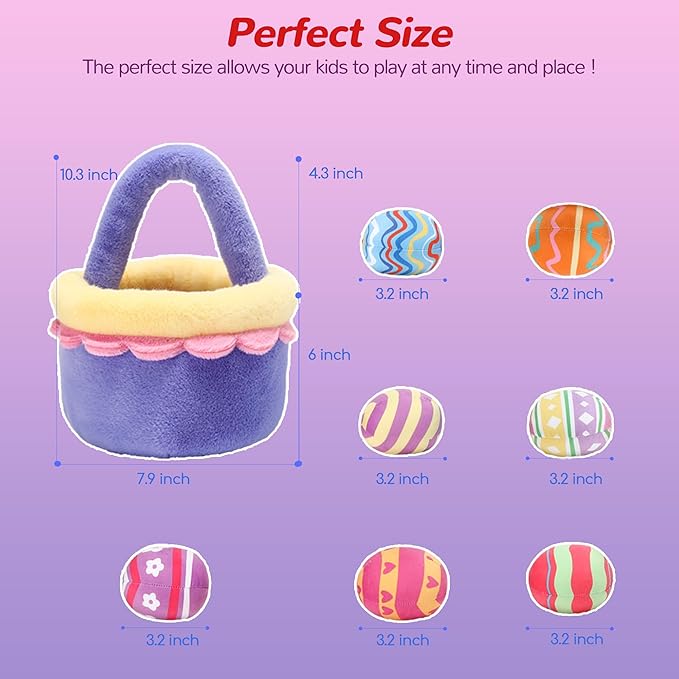 8 Piece Plush Stuffed Playset Toys with 7 Eggs, 1 Furry Bag, Soft Basket Set Sensory Toys for Girls Kids Ages 3+, Birthday Christmas Valentines Easter Party Favors Gifts
