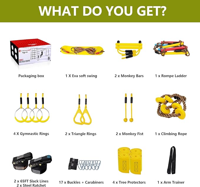 2X65FT Ninja Warrior Obstacle Course for Kids - Ninja Slackline with 14 Obstacles - Ninja Course for Kids with Swing, Ladder,Monkey Bar,Arm Trainer, Climbing Rope