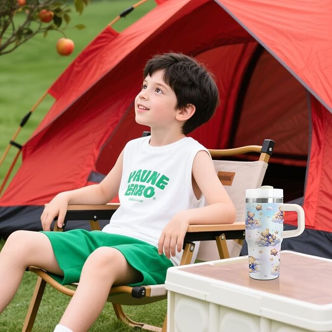 Bear Gifts - 14 Oz Cartoon Kids Tumbler with Handle and Straw, Stainless Steel Insulated Water Bottle,for Boys Girls, School, Travel - Cute Bear Themed Children Birthday Gift Cup(1pc)