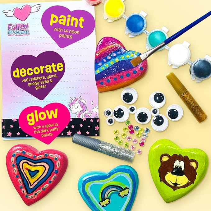 Hearts Rock Painting Kit for Kids - Glow in The Dark - Arts and Crafts for Girls Ages 4-12 – Easter Gifts for Girls Art Toys Kids Craft Kits – Birthday Gifts for 5 6 7 8 9 10 11 12 Year Old Girl
