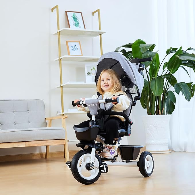 Baby Trike, 6-in-1 Kids Tricycle with Adjustable Push Handle, Removable Canopy, Safety Harness for 18 Months - 5 Year Old(Light Grey)
