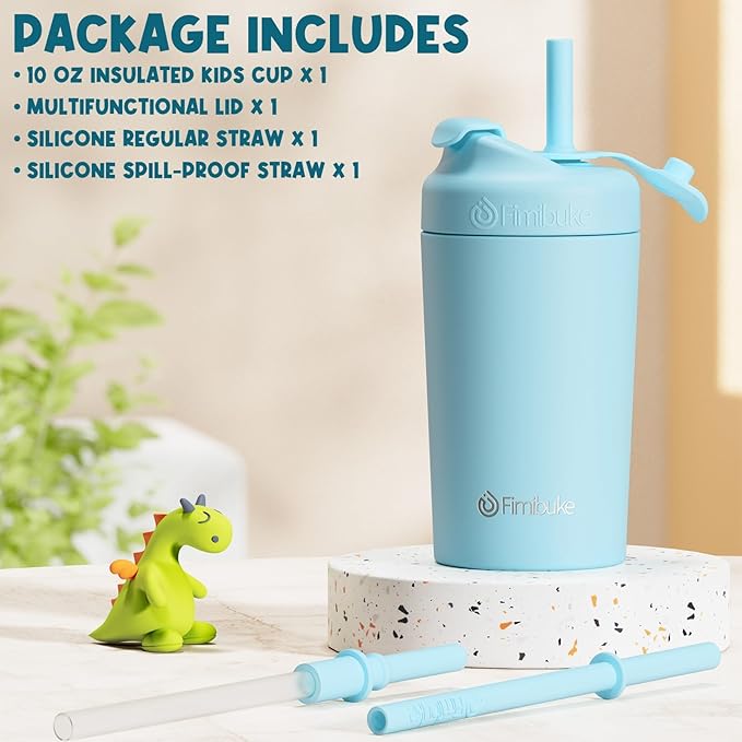 Fimibuke Kids & Toddler Cups, 10 OZ Spill Proof Straw Cups for Toddlers, Leak-Proof Kids Insulated Tumblers with Screw-On Lid & Silicone Straws with Stopper, Stainless Steel Sippy Cup for Girls Boys