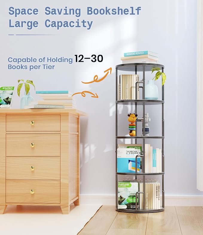 4 Tier Rotating Bookshelf Tower Round Black,50” Floor Standing Spinning Bookshelf Tower Anti-Tipping Design,Metal & Wood Revolving Bookcase Stackable Space Saving for Small Spaces,Study,Living Room