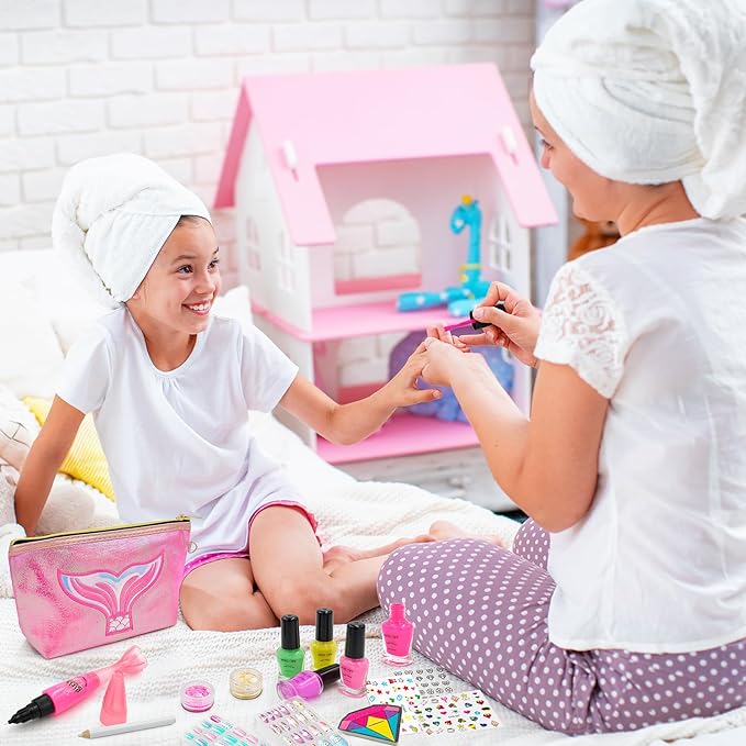 Amagoing Kids Nail Polish Set for Girls, Girls Nail Kit Ages 7-12 with Nail Dryer, Quick-Dry Nail Polish, Nail Art Pens, Cartoon Press on Nail, Makeup Bag, Spa Manicures Birthday Christmas Gift Toy