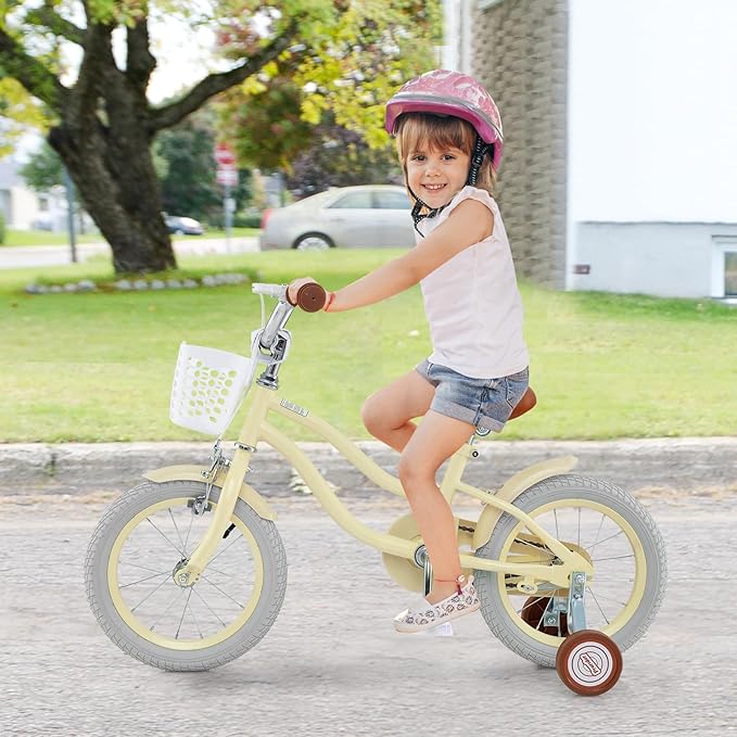 BABY JOY Kids Bike, 12 14 16 18 20 Inch Boys Girls Bike w/Adjustable Seat, Removable Basket, Handbrake & Coaster Brake, Training Wheels or Kickstand, Kids Bicycle with Multi-Color