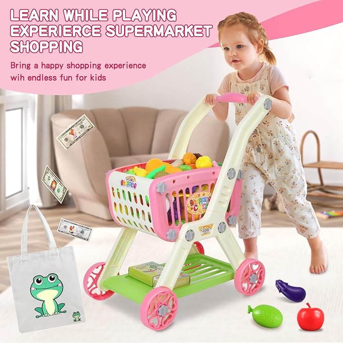 Kids Shopping Cart - 2 in 1 Toy Shopping Cart with Play Food Fruit Vegetable Dessert and Shop Accessories, 72pcs Pretend Play Grocery Store Toy Kitchen Game Trolley Play Set for Kids (Pink)
