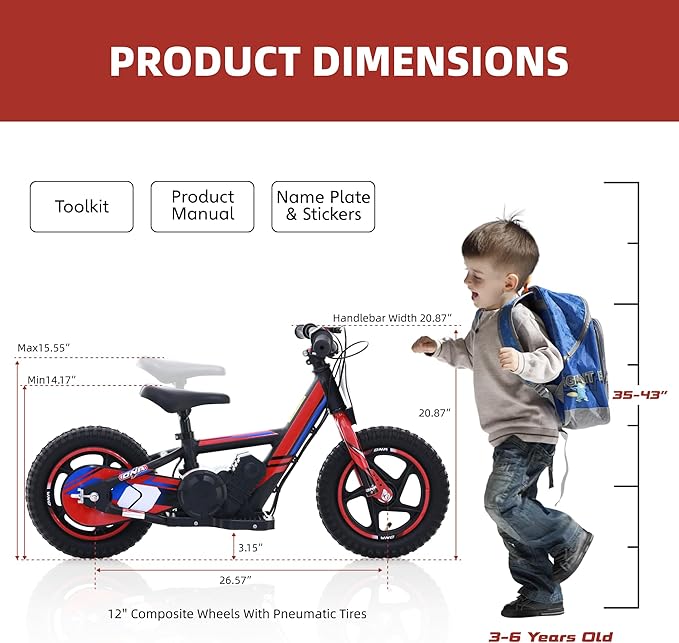 OLALA Electric Dirt Bike for Kids Aged 3-6, 170W Racing Grade Electric Motorcycle, New Aluminum Frame with 2 Power Modes, 24V Detachable Battery, 12IN Knobby Tires