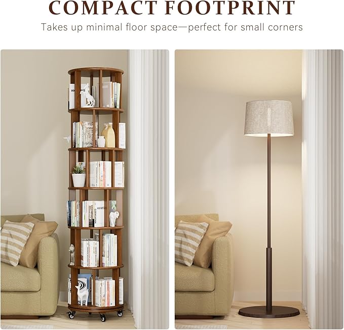 Rotating Bookshelf Tower with Wheels, 6 Tier Walnut Wood Round Spinning Bookshelf Tower, 360° Revolving Bookcase Rolling for Kids Adult, Rotation Book Shelf for Bedroom, Living, Office, Corner