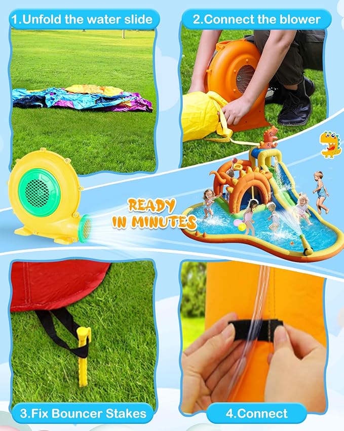 Dinosaur Inflatable Water Slide Park - 7 in 1 Bounce House with Slide, Jump Area, Splash Pool, Climbing Wall & Basketball Hoop | 480W Blower Included | Indoor/Outdoor Backyard Play for Kids 3-10