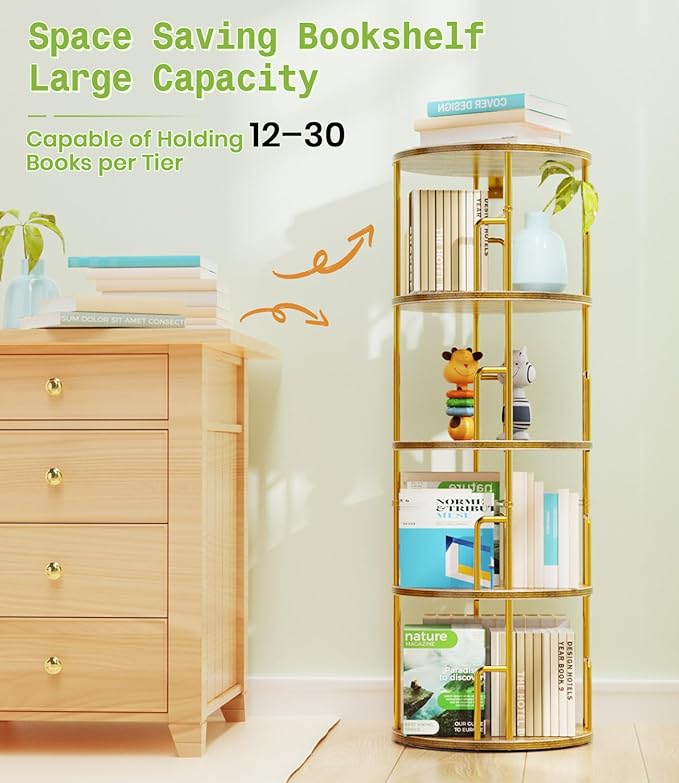 4 Tier Rotating Bookshelf Tower Round Gold,50” Floor Standing Spinning Bookshelf Tower Anti-Tipping Design,Metal & Wood Revolving Bookcase Stackable Space Saving for Small Spaces,Study,Living Room