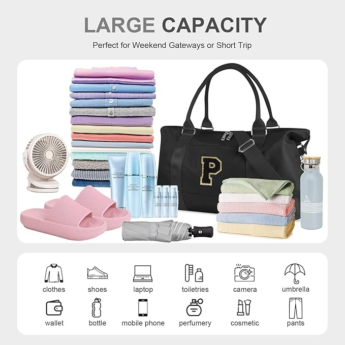 Dance Gym Duffel Bag for Teen Girls, Personalized Initial Travel Weekender Bag,Cute Overnight Carry On Duffle for Women,Sports Travel Cheer Bag,Monogram Christmas Gifts for Tween Preppy(black-P)