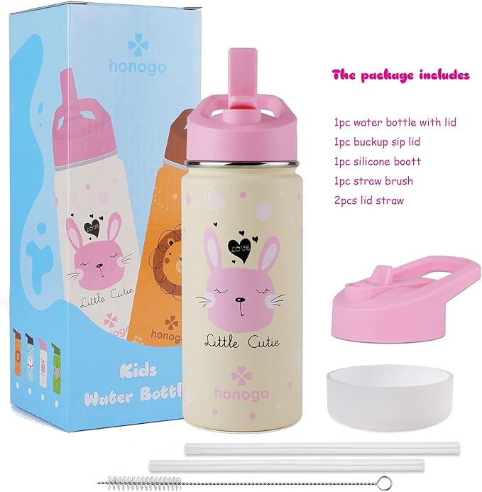 16 oz Stainless Steel Insulated Kids Water Bottle, Leak Proof Metal Thermal Flask with Straw lid, Cute Toddler Tumbler Cup for School Girls & Boys (Pink, Bunny)