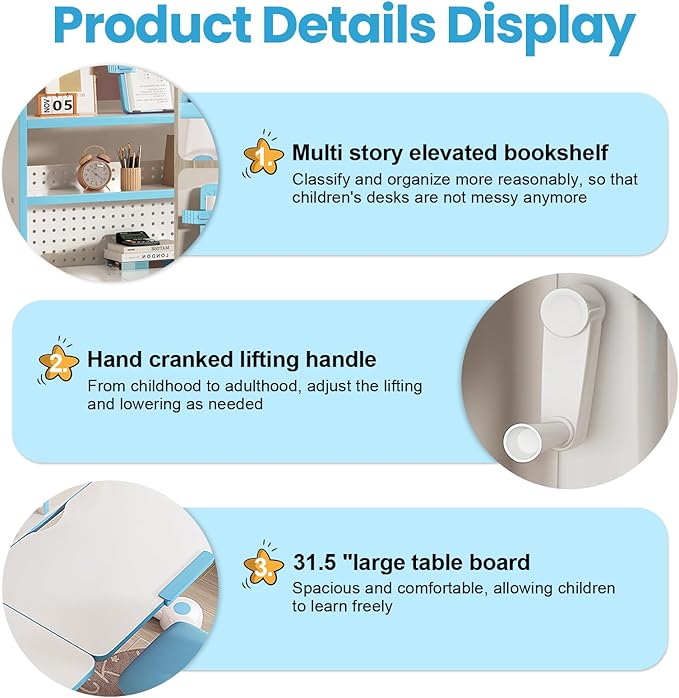 Kids Desk and Chair Set, Height Adjustable Study Table with Bookshelf & Storage Drawer, 0-50° Tiltable Desktop, Ergonomic Study Desk for Boys and Girls Ages 3-12 (Blue)