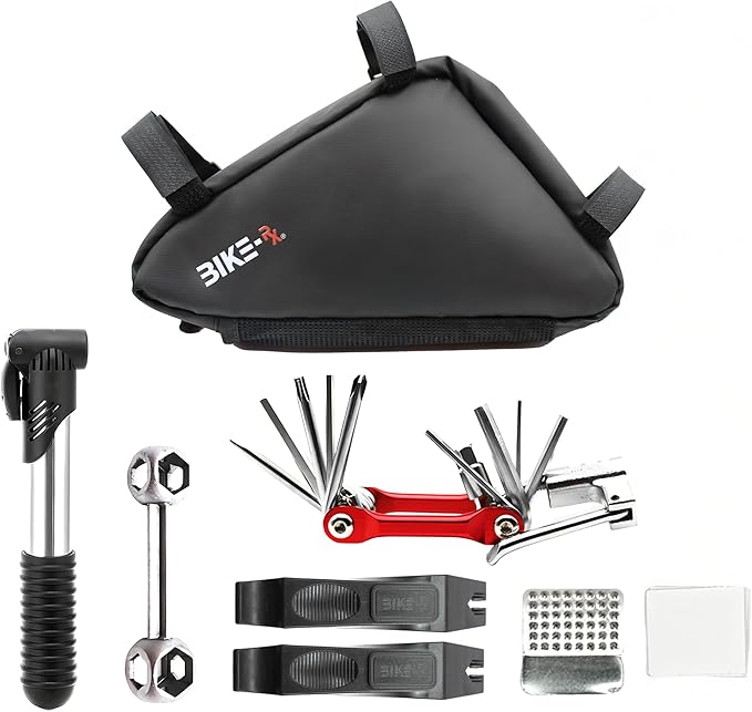 Bike Repair Kit Tool Bag – 16-in-1 Multitool, 120PSI Mini Pump, Tire Levers, Patches, Saddle Bag for Road, Mountain, and E-Bikes, Portable Tool Kit for Emergencies & Repairs