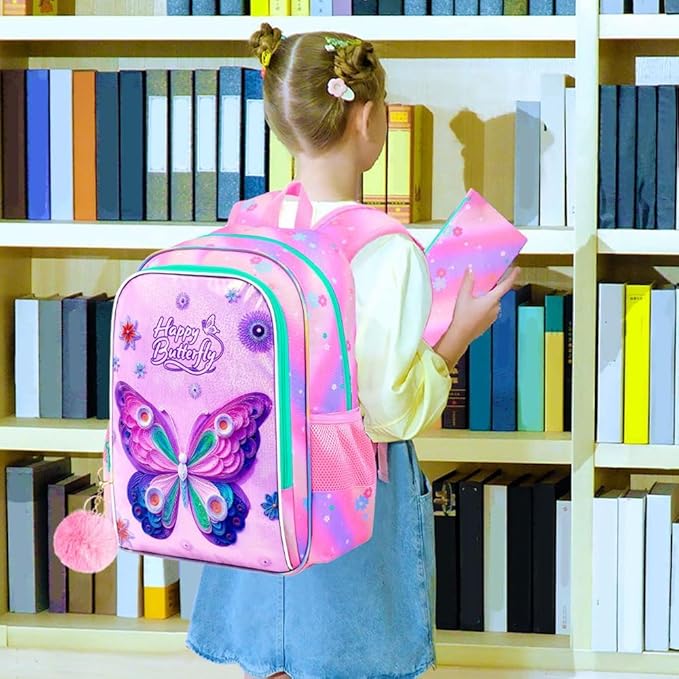 CCJPX 3Pcs Butterfly Backpack, 16” Kids Girls Bookbag with Lunch Box, Water Resistant Elementary School Bag for Kindergarten Preschool Toddler (Pink)