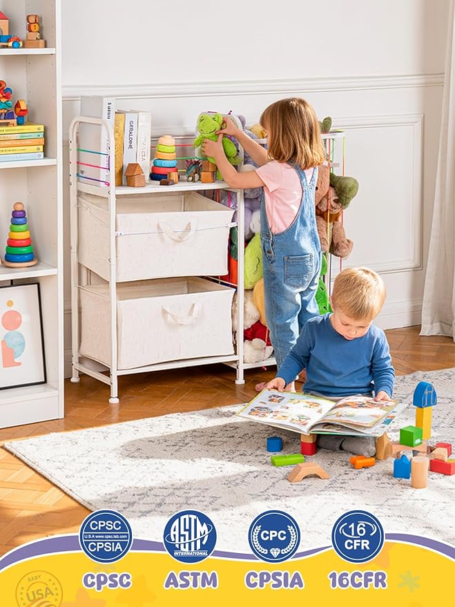 VBABY Kids Bookshelf and Toy Storage, 2-Tier Stuffed Animal Storage and Book Shelf for Kids Rooms, Toddler Montessori Bookshelf with Fabric Drawers for Nursery, Playroom, Bedroom