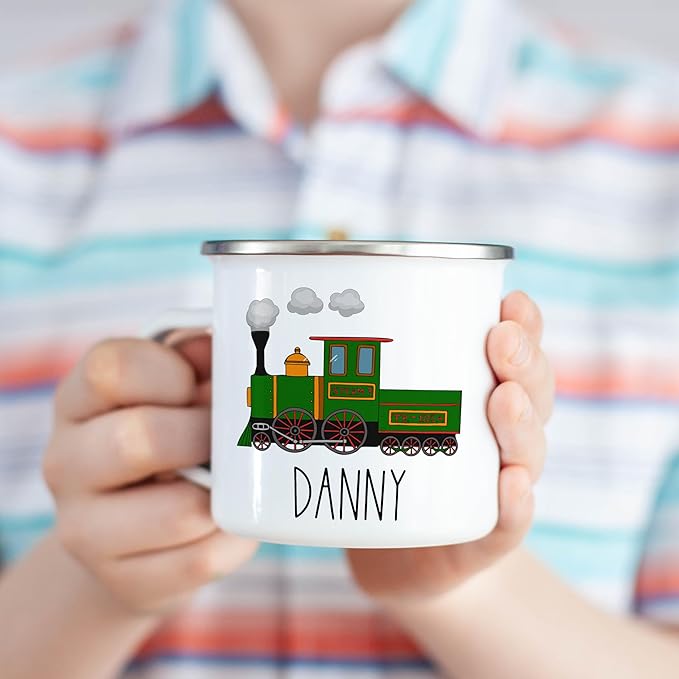Personalized Mug for Kids, Boys, Girls | Customized Cocoa, Hot Chocolate, Coffee & Milk Cup | Custom Name Birthday Gift Party Favors | 11 Oz Stainless Steel Camping Mug Unbreakable | Train