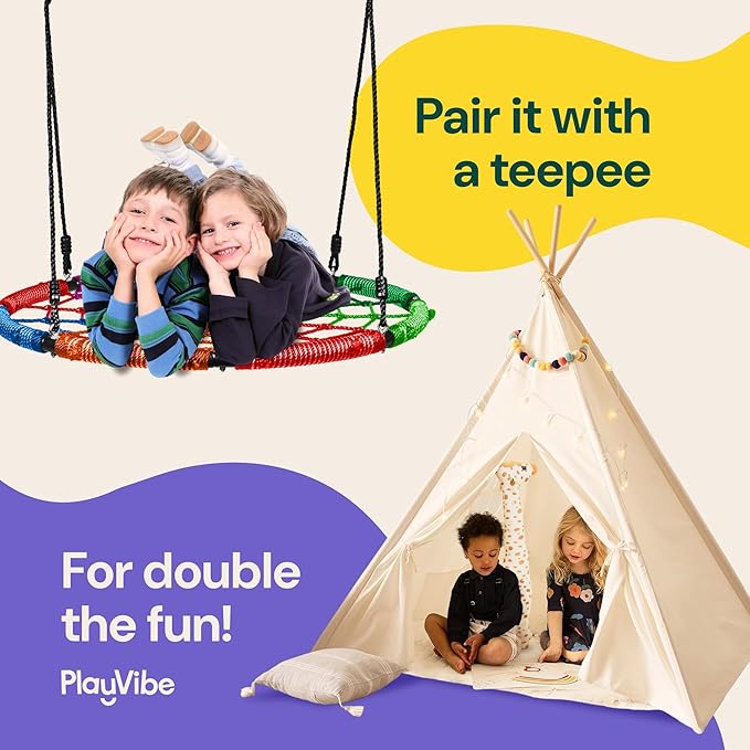 PLAYVIBE Spider Web Tree Swing - 40 in Multicolor Saucer Swing - 440 lb Capacity with Hanging Straps & Carabiners - Weather-Resistant Outdoor Play for Kids & Toddlers - Fits Trees, Playsets & Gyms