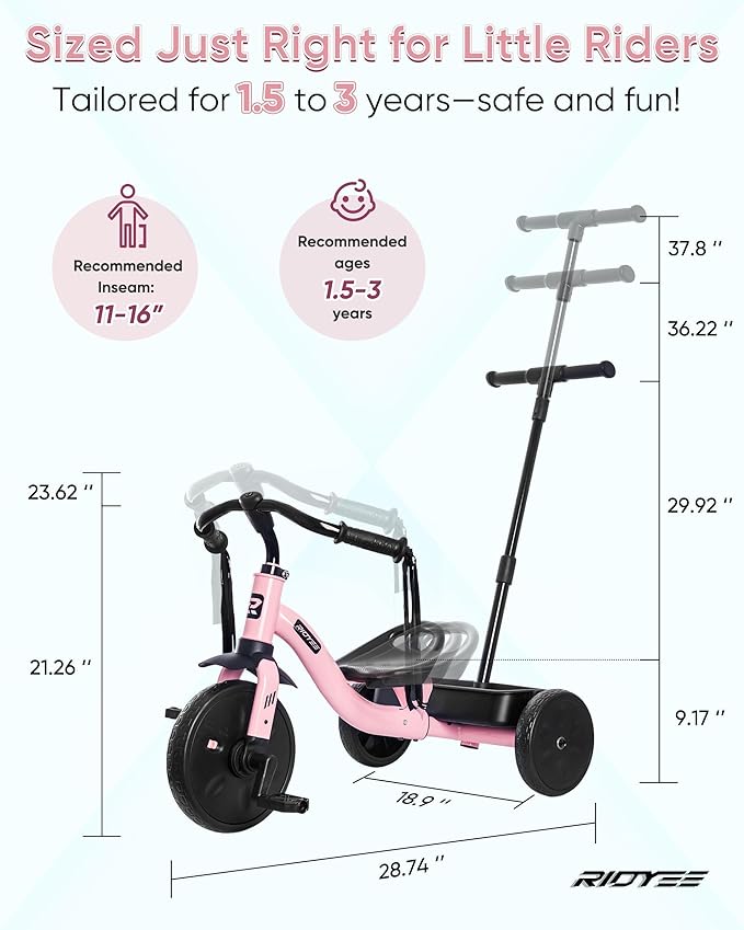 2-in-1 Tricycle for Toddlers Ages 1.5–3, Trike with Extended Push Handle, Removable Wagon-Style Basket, Adjustable Handlebar with Tassels, and Fore-AFT Adjustable Seat, Pink