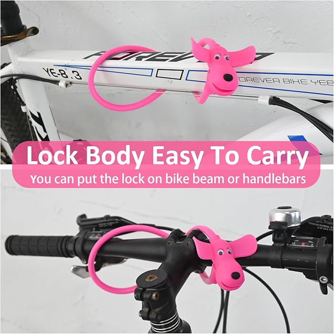 Bike Cable Lock with Keys,Silicone Covered Kids Cable Lock Cartoon Lock,2 Feet Lock for Bike,Door,Skateboard,Helmet and More (Pink, Large)