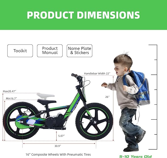 OLALA Electric Dirt Bike for Kids Aged 5-10, 340W Racing Grade Electric Motorcycle with Aluminum Frame, Up to 12MPH & 3 Speed Settings, Safe Disc Brakes, 16IN Knobby Tires