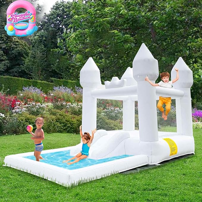 12.5FTx7.1FT White Inflatable Bounce House Inflatable Castle with Slide and Ball Pool Indoor and Outdoor Toys for Active Kids Used for Inflatable Products for Birthday Parties and Holiday Decorations