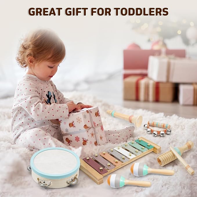 LeeQee Montessori Toys for 1 2 3 Year Old - Wooden Toys Baby Musical Instruments, Neutral Colors Percussion Instruments Set with Modern Boho Xylophone for Toddlers 3+ Music Education