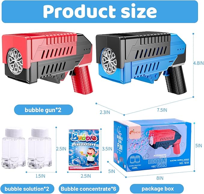 SHCKE 2 Pack Bubble Guns with Lights, Bubble Gun for Kids, Built-in Bubble Tank & One-Hand Flip Lid, Bubble Blaster for Parties, Wedding, Camping, Birthday Gifts, Christmas