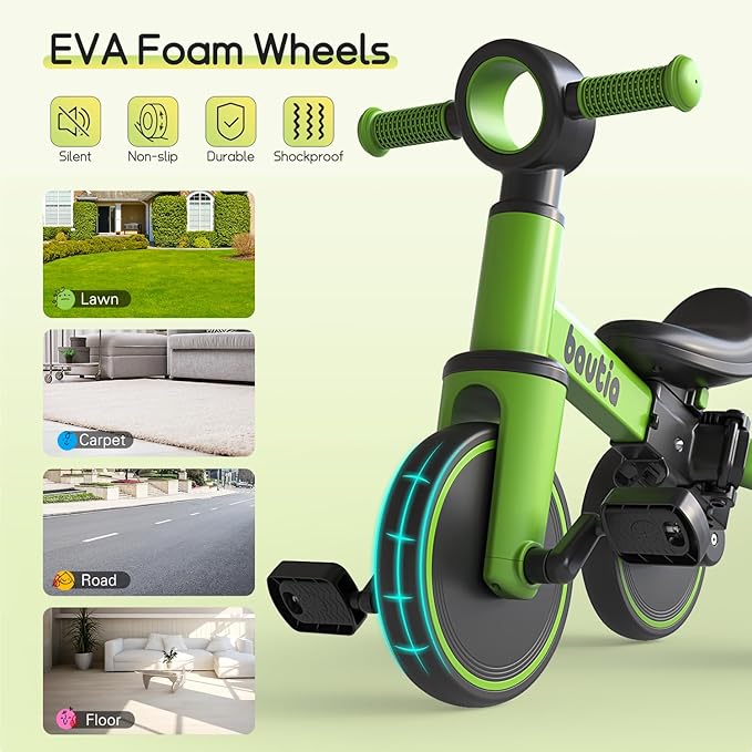 Kids Tricycle for Toddlers 1-3 with Push Handle, 5 in 1 Baby Balance Bike for 1-4 Years Old Boys Girls Gift with Removable Pedals (No Parent Steering Version)