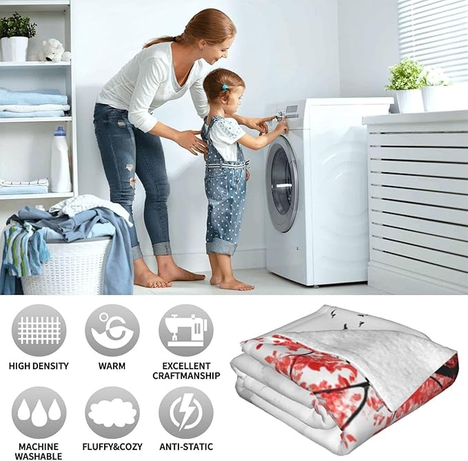 Japanese Samurai Blanket for Women Mens, Japanese Cherry Blossom Fleece Blanket Gifts for Boys Girls, Warm Cozy Soft Flannel Stuff for Bed Sofa Couch 50" x 40"