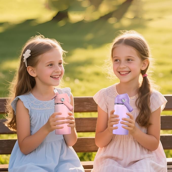 14oz Kids Insulated Water Bottle with Straw Lid - 18/8 Stainless Steel Kid Cup Travel Tumbler Double Wall Vacuum Leak Proof Portable Toddler Water Bottle (Pink+Purple)