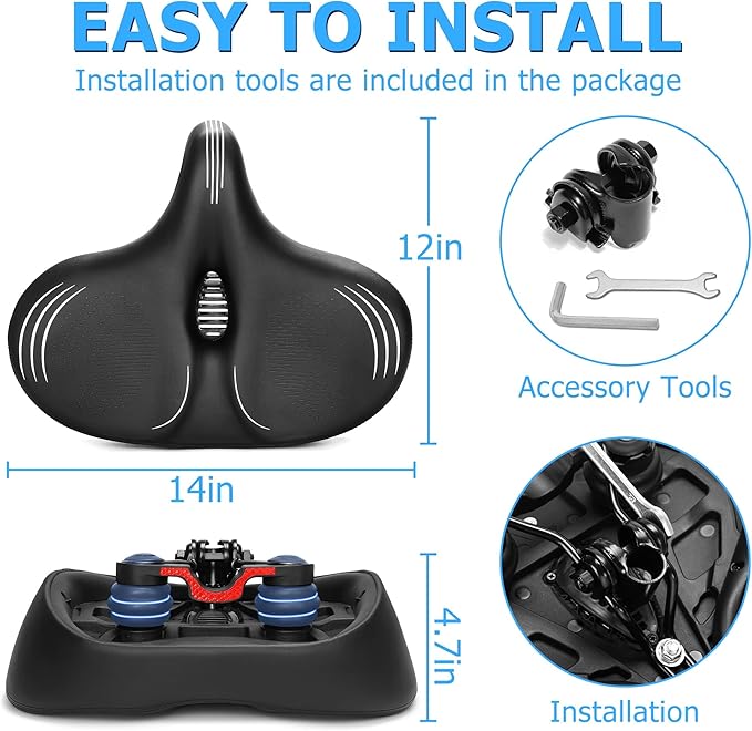 Oversized Bike Seat for Men & Women Comfort, Extra Wide Bicycle Seat Cushion, Comfortable Wing Padded, Large Replacement Saddle for Peloton, Stationary Exercise Bike, Ebike, Cruiser, City Bike