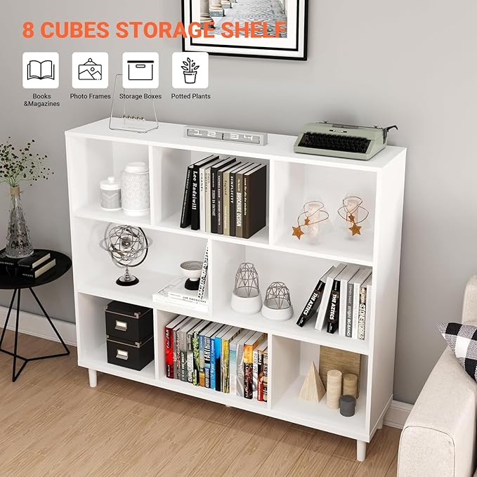 8 Cube Storage Organizer | White Bookshelf|3 Shelf Bookcase |Bookshelf tv Stand |-Cubic Storage Cabinet(Storing Books,Toys & More Easy to Install)