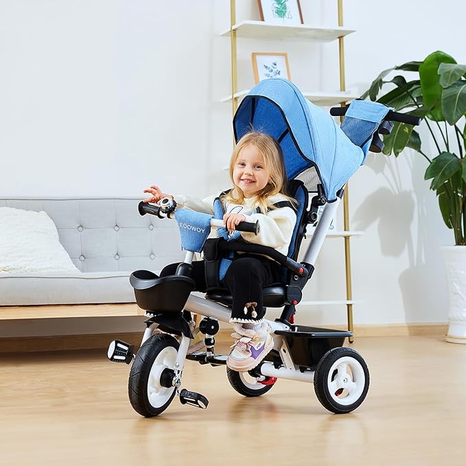 Baby Trike, 6-in-1 Kids Tricycle with Adjustable Push Handle, Removable Canopy, Safety Harness for 18 Months - 5 Year Old(Blue)