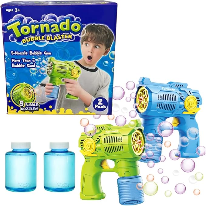 2-Pack Bubble Gun Set with Batteries – Automatic Bubble Blower Toys for Kids & Toddlers | 1 Blue + 1 Green Bubble Shooter with Solution Included | Outdoor Fun & Ready to Play