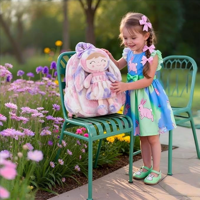 Gloveleya Back to School Gifts for Girls Backpack Plush Diaper Bag Detachabale Doll Tie-dye Purple and Soft Rabbit Design Aged 2+