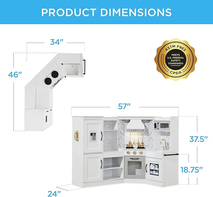 Best Choice Products Pretend Play Corner Kitchen, Ultimate Interactive Wooden Kids Playset w/Lights & Sounds, Ice Maker, Hood - White