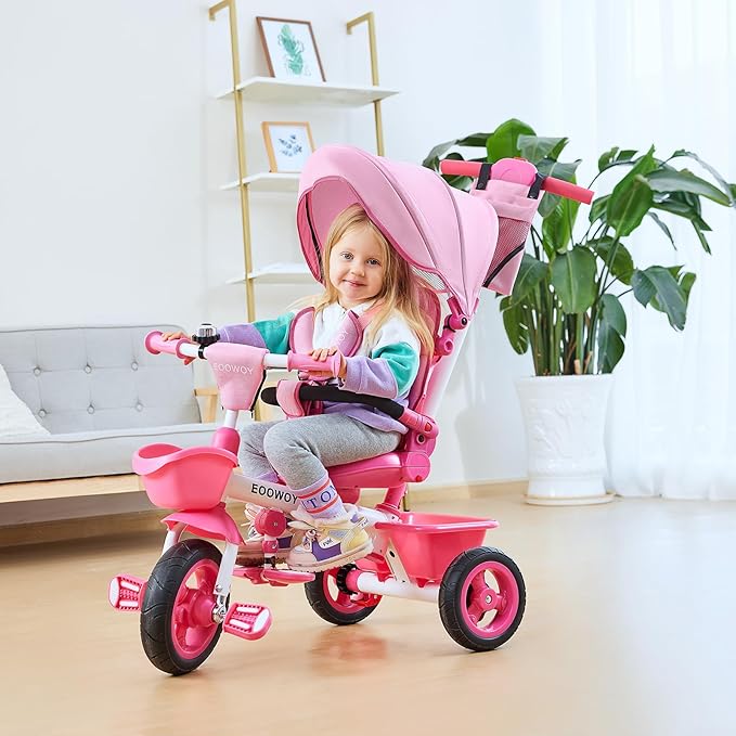 Baby Trike, 6-in-1 Kids Tricycle with Adjustable Push Handle, Removable Canopy, Safety Harness for 18 Months - 5 Year Old(Pink)