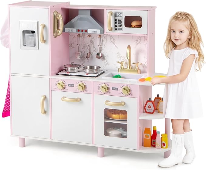 HONEY JOY Kids Kitchen Playset, Wooden Toy Kitchen Set with Lights & Sounds, Microwave, Ice Maker, Telephone, Range Hood, Cookware, Interactive Little Chef Pretend Play Kitchen for Toddlers (Pink)