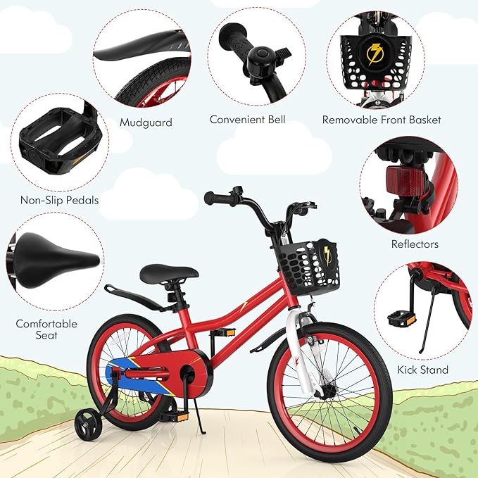 COSTWAY Kids Bike, 12 14 16 18 Inch Toddler Bike for Boys & Girls Aged 3-8 Years Old, Kids Bicycle w/Removable Training Wheels, Handbrake & Coaster Brake, Basket, Bell
